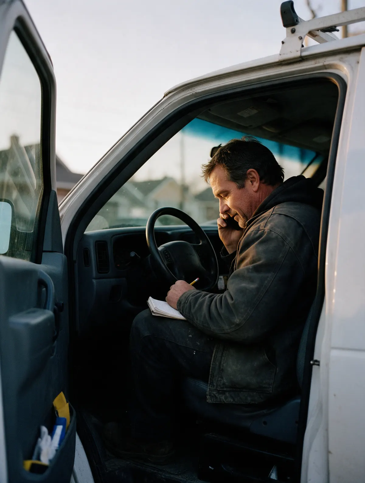 The electrician sitting sideways in the driver's seat of his work van, door open, phone to his ear, writing on a notepad.