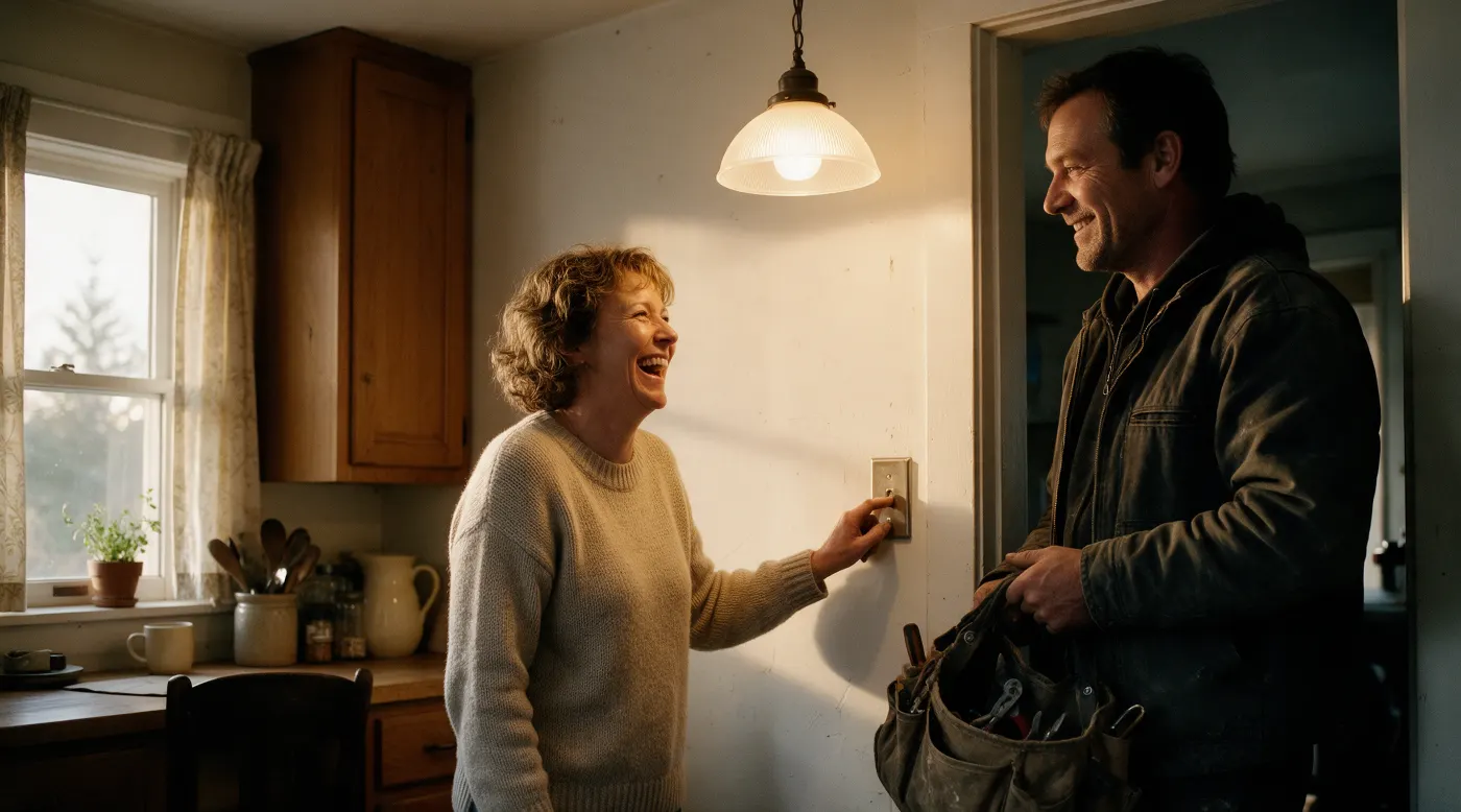 A homeowner laughing as she switches her kitchen light back on, the electrician beside her with his tool bag.